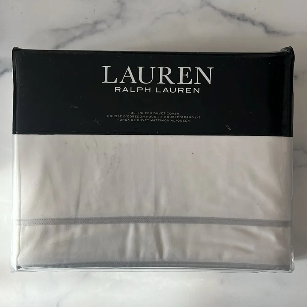 Lauren Ralph Lauren Spencer Sateen Border Queen Duvet Cover Soft Grey, NWT